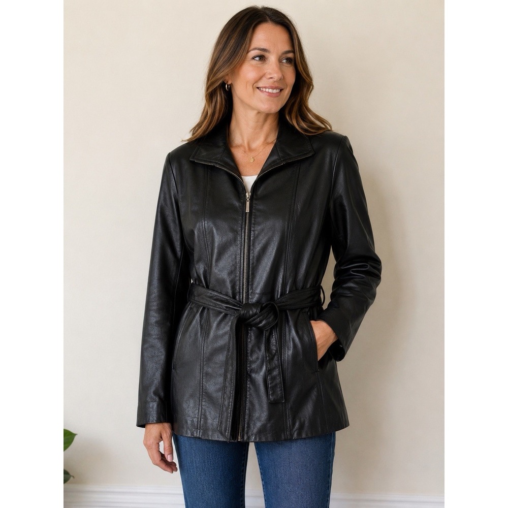 Worthington Women's Black Genuine Leather Belted Zip Jacket Coat Size L